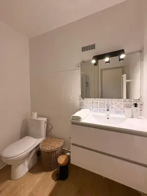 a bathroom with a sink and a toilet and a mirror at L'appartement Rome Antique - Climatisation - Terrasse in Narbonne