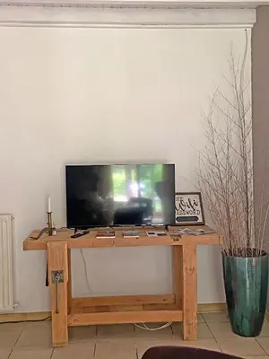 a television on a wooden table in a room at Le jardin du Griffoul in Nébias