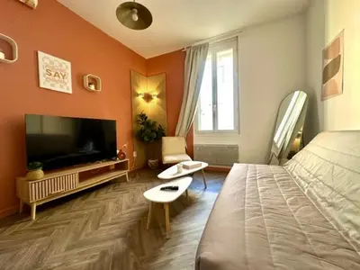 a bedroom with a bed and a flat screen tv at Jolie 2 pièces avec terrasse au centre-ville, proche gare in Narbonne