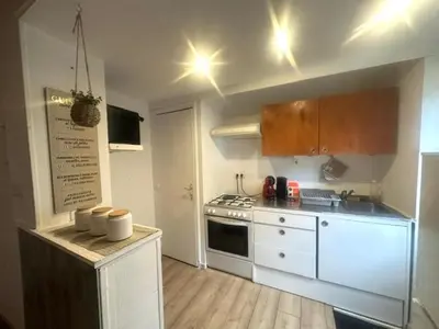 a small kitchen with a stove and a sink at Jolie 2 pièces avec terrasse au centre-ville, proche gare in Narbonne