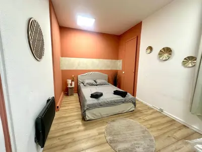 a small room with a bed and a tv at Jolie 2 pièces avec terrasse au centre-ville, proche gare in Narbonne