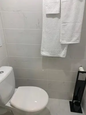 a white bathroom with a toilet and towels at Chambres d hôtes H in Lavelanet