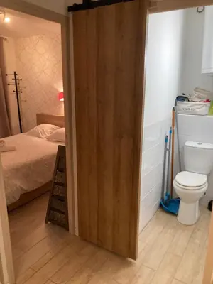 a bathroom with a toilet and a bed at T2 tout confort - Mer à 200 m in Port-la-Nouvelle