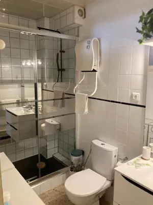 a bathroom with a toilet and a glass shower at T1 - Centre ville rez-de-chaussée in Port-la-Nouvelle