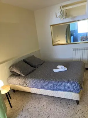 a small bedroom with a bed with a mirror at T1 - Centre ville rez-de-chaussée in Port-la-Nouvelle