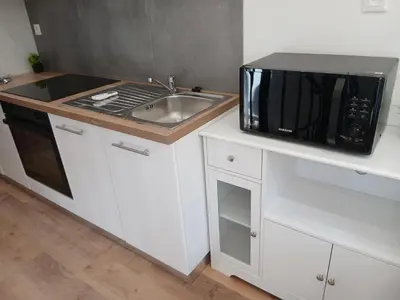 a kitchen with a microwave and a sink at Cottage with large garden in Rieumajou