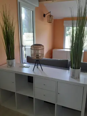 a white desk with two potted plants in a room at Cottage with large garden in Rieumajou
