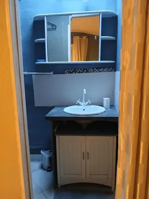 a bathroom with a sink and a mirror at Appartement 2 pièces petit village au calme in Moussoulens