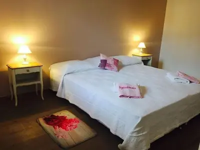 a bedroom with two beds and two tables and two lamps at Le gîte d 'Anaïs in La Redorte