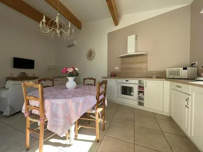 a kitchen with a table with a vase of flowers on it at Le gîte d 'Anaïs in La Redorte