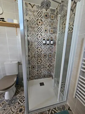 a shower in a bathroom with a toilet and tiles at Studio Conteneur in Cruscades