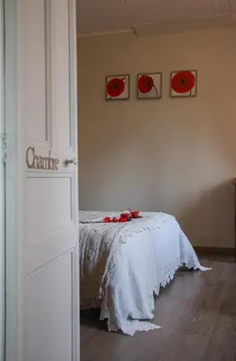 a bedroom with a bed with red flowers on it at L'Oustal d'en Paris in Nogaret
