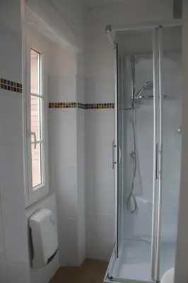 a white bathroom with a shower and a toilet at L'Oustal d'en Paris in Nogaret