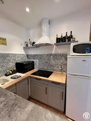 a kitchen with a stove and a white refrigerator at Le gite du pech de saint jean in La Redorte