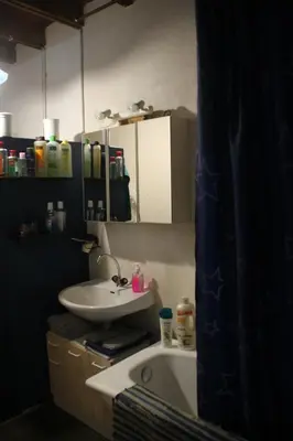a bathroom with a sink and a shower curtain at Chambre 2 in Saint-Michel-de-Lanès