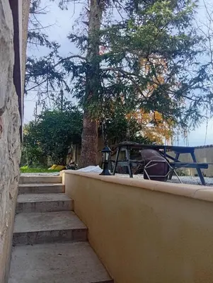 a set of stairs with a table and a tree at Logement en souplexe indépendant dans une propriété in Castres