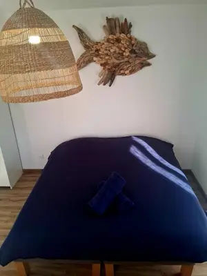 a bed with a blue pillow and a lamp at Le Repaire Secret, studio cosy et calme Narbonne in Narbonne