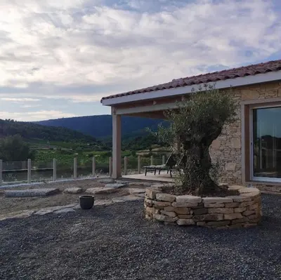 a tree in a stone planter in front of a building at Villa with private pool and panoramic view in Félines-Minervois