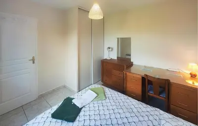a bedroom with a bed and a dresser and a mirror at Pet Friendly Home In Saint Chinian With Wifi in Saint-Chinian