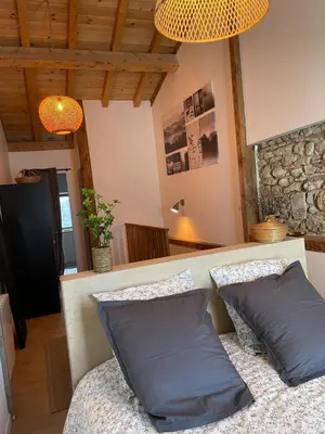 a bedroom with two blue pillows on a bed at Petite maison au centre de Mirepoix in Mirepoix