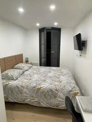 a bedroom with a bed and a television in it at Maison de ville rénovée - Carc'apparts - terrasse in Carcassonne