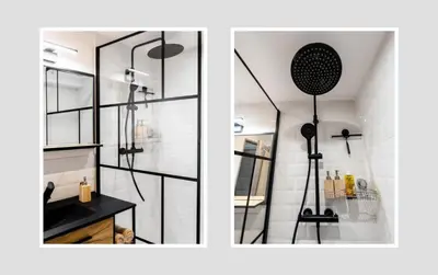 two pictures of a bathroom with a shower stall at Darja in Carcassonne