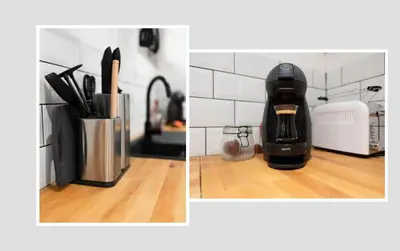 two pictures of a coffee maker on a kitchen counter at Darja in Carcassonne