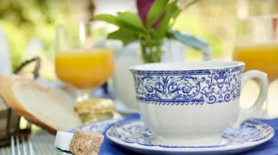 a blue and white coffee cup and saucer on a table at Gite Charles de Castres in Saint-Affrique-les-Montagnes
