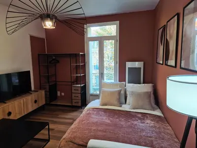 a bedroom with a large bed and a tv at Studio, centre-ville Narbonne in Narbonne