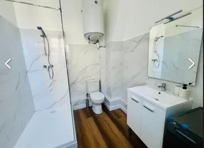 a bathroom with a shower and a toilet and a sink at Studio, centre-ville Narbonne in Narbonne