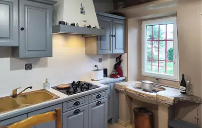 a kitchen with blue cabinets and a sink and a stove at 2 Bedroom Awesome Home In Pardailhan in Pardailhan