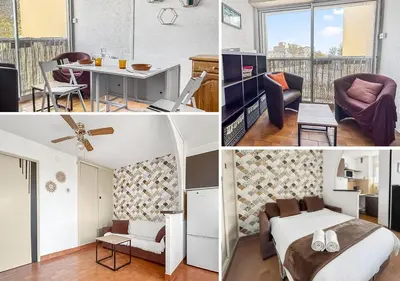a collage of photos of a bedroom and a living room at Studio Cabine En Bord De Mer à Gruissan in Gruissan