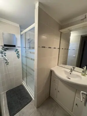 a bathroom with a sink and a shower at Spacieux duplex sur le port in Gruissan