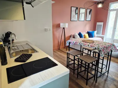 a kitchen with a sink and a living room at Cosy studio, centre ville Narbonne in Narbonne