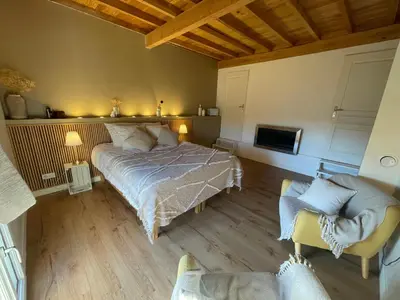 a bedroom with a bed and a couch at Spacious Villa With Pool Near Carcassonne in Soupex