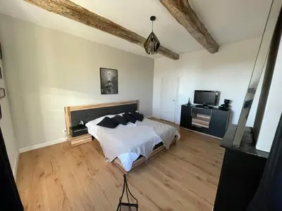 a bedroom with a bed and a television in it at Spacious Villa With Pool Near Carcassonne in Soupex