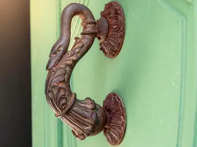 a bronze door knocker on a green door at D'une maison à l'autre in Cépie