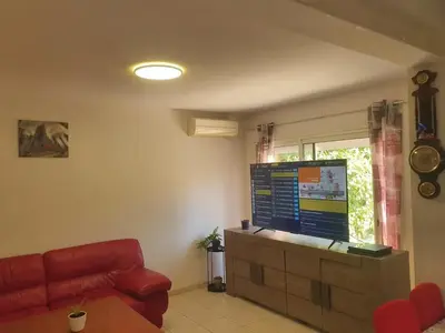 a living room with a couch and a flat screen tv at Maison confortable à Carcassonne avec jardin privé in Carcassonne