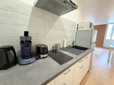 a kitchen with a sink and a coffee maker at L'Atelier Bohème - Studio élégant en centre ville in Pamiers