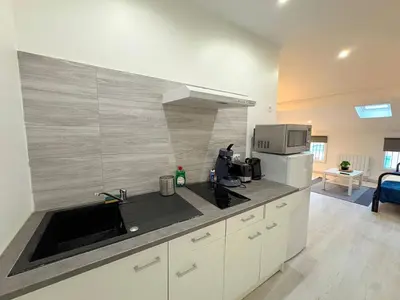 a kitchen with a sink and a microwave at L'Écrin Signature, Studio élégant en centre-ville in Pamiers