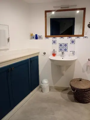 a bathroom with a sink and a mirror and a toilet at Grande maison 7 places in Paziols