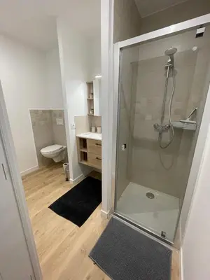 a bathroom with a shower and a sink at Studio rénové pour 2 personnes - centre ville in Carcassonne