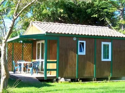 a shed with a table and chairs in a yard at Chalet avec Terrasse pour 5 personnes - API-1-52-905 in Camon