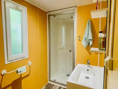 a bathroom with a shower and a sink at Mobil-home confortable avec terrasse au calme - API-1-52-915 in Camon