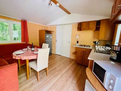a kitchen with a table and a dining room at Mobil-home confortable avec terrasse au calme - API-1-52-915 in Camon