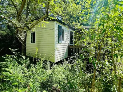 a small yellow house in the middle of a forest at Mobil-home confortable avec terrasse au calme - API-1-52-915 in Camon