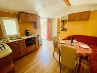 a kitchen with a table and chairs in a room at Mobil-home confortable avec terrasse au calme - API-1-52-915 in Camon