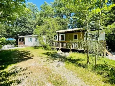 a tiny house in the woods with a yard at Mobil-home 3 pièces avec terrasse à Camon - API-1-52-1043 in Camon