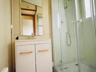 a bathroom with a shower and a white cabinet at Chalet de 26m² avec Terrasse pour 4 Personnes - API-1-52-1070 in Camon