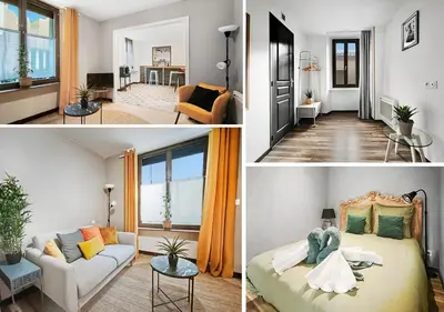 a collage of photos of a living room and a bedroom at Suite Privative Design au Cœur de Trèbes in Trèbes